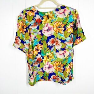 Jack Mulqueen Blue Floral Short Sleeve Silk Top Medium